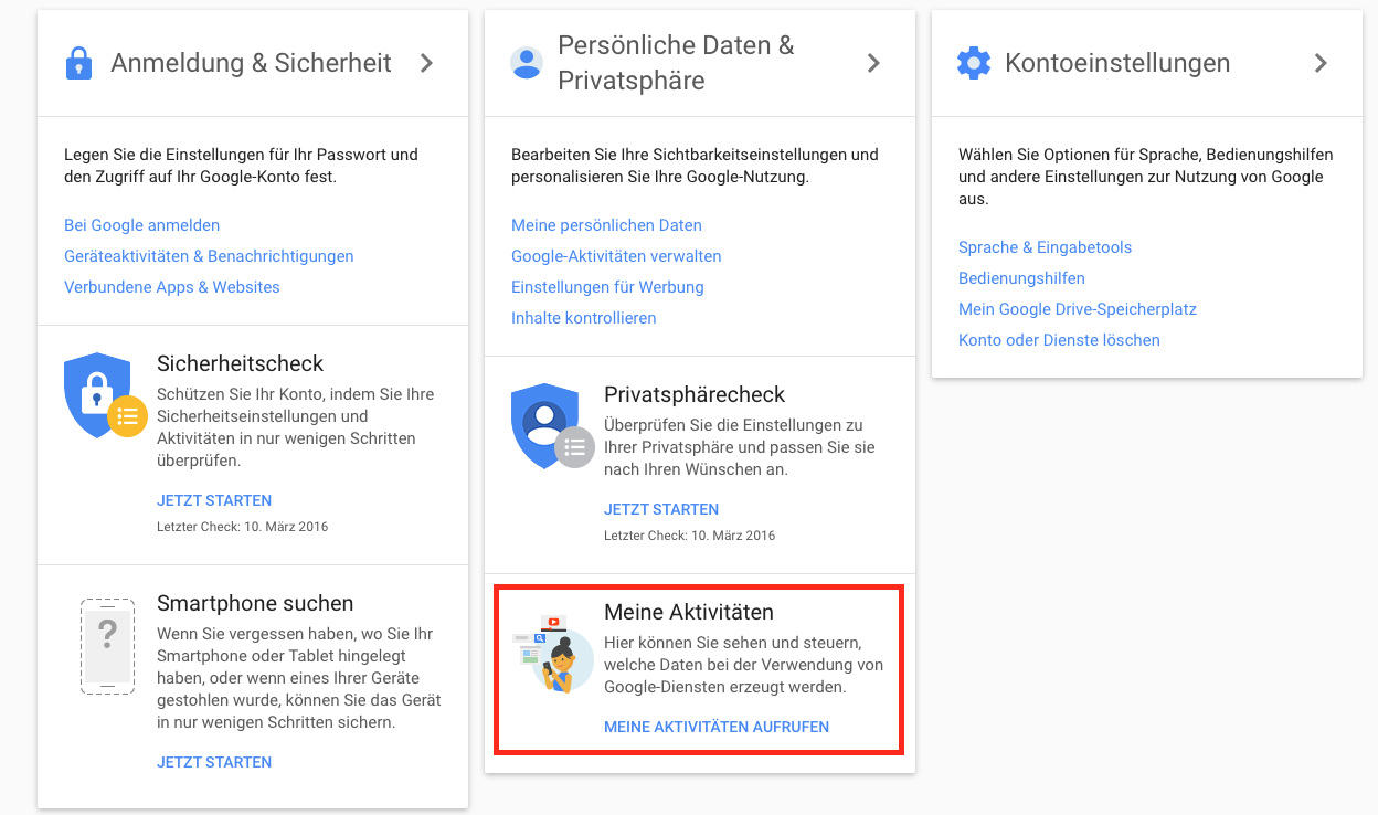 Meine Aktivitäten im Google Konto aufrufen