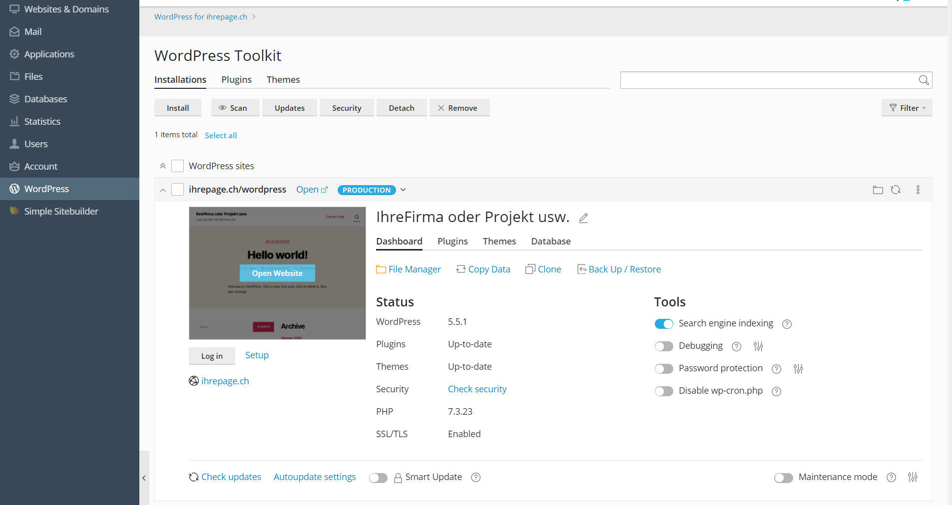 wordpress hosting schweiz - Startseite vom Wordpress Toolkit
