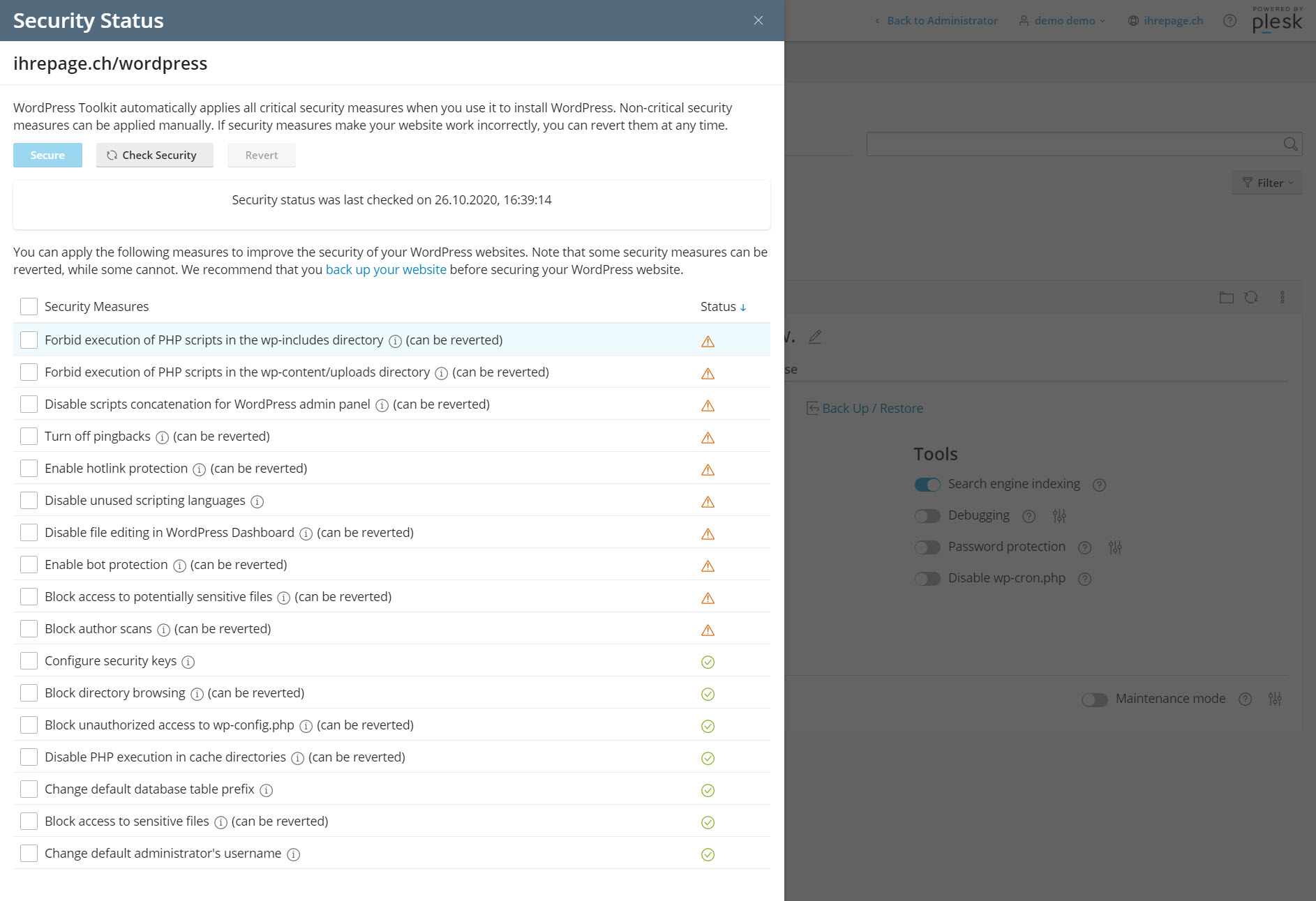 wordpress hosting schweiz - Sicherheitsstatus der Wordpress Installation